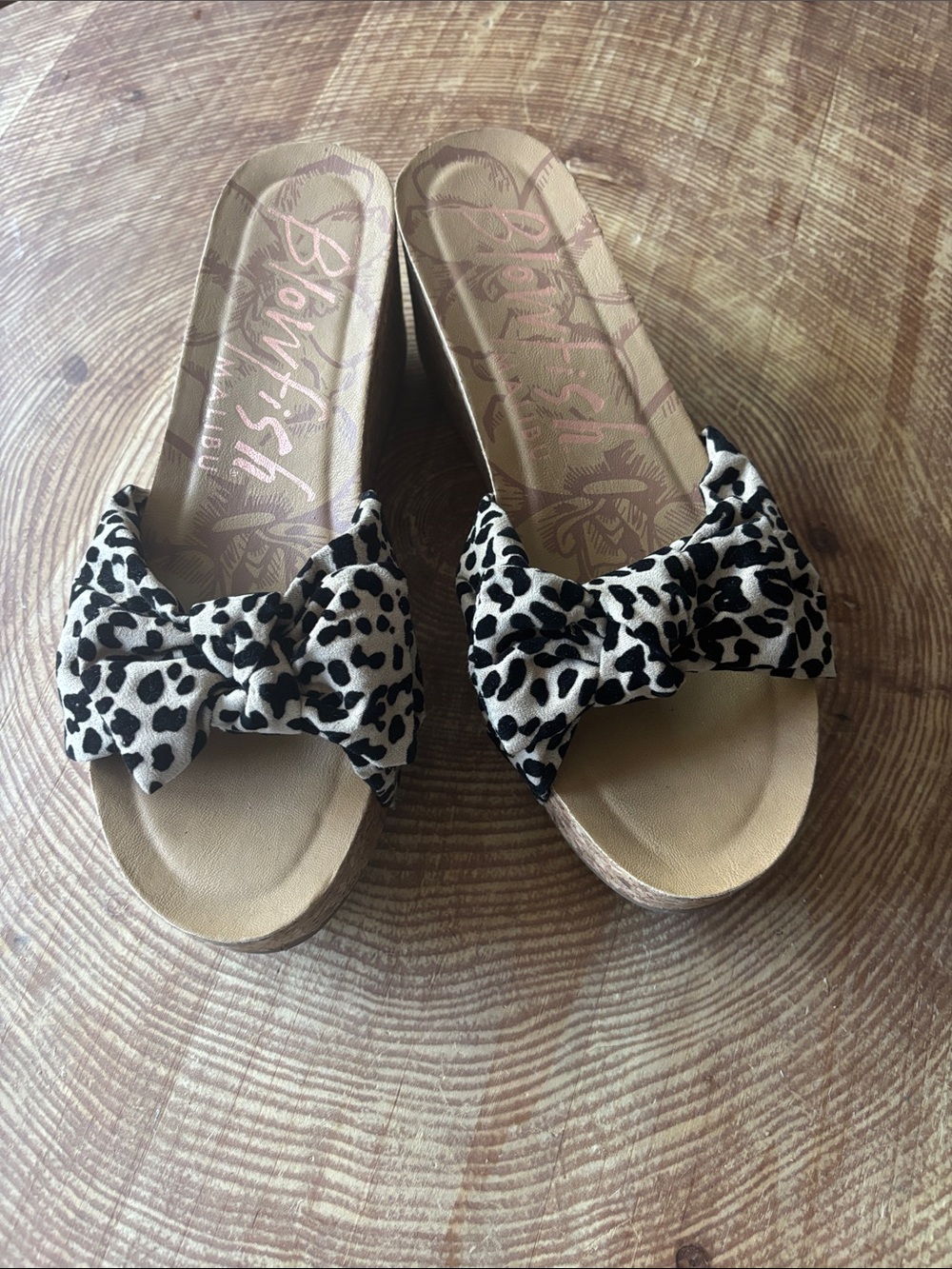 Blowfish Leopard-Print Bow Slide Sandals in Beige and Black